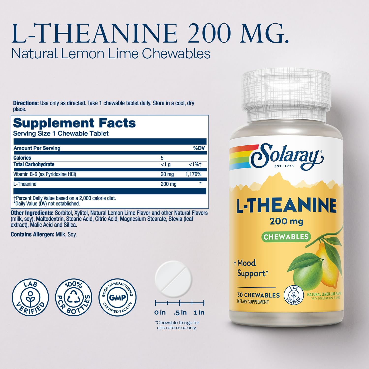 SOLARAY L-Theanine chewable tablets back view showing ingredients