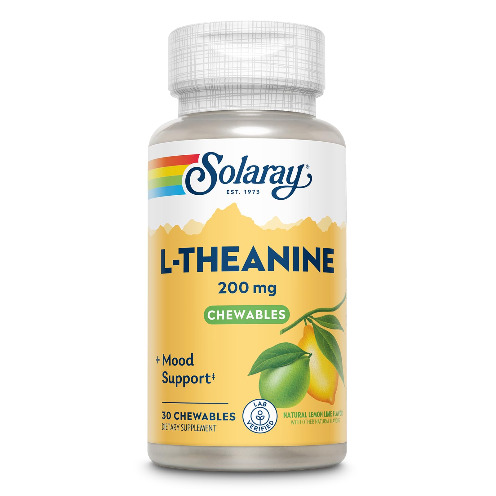 SOLARAY L-Theanine chewable tablets front view with lemon-lime flavour
