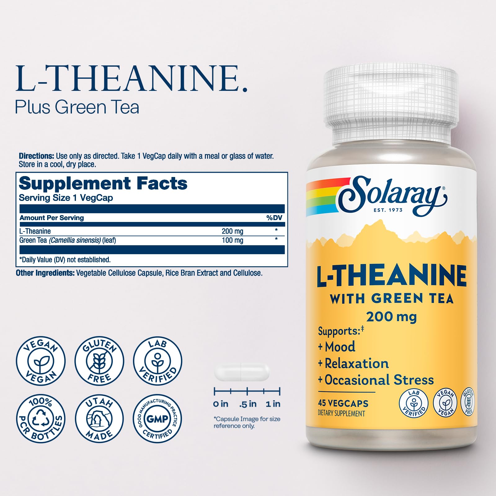 SOLARAY L-Theanine Supplement 200mg VegCap side view