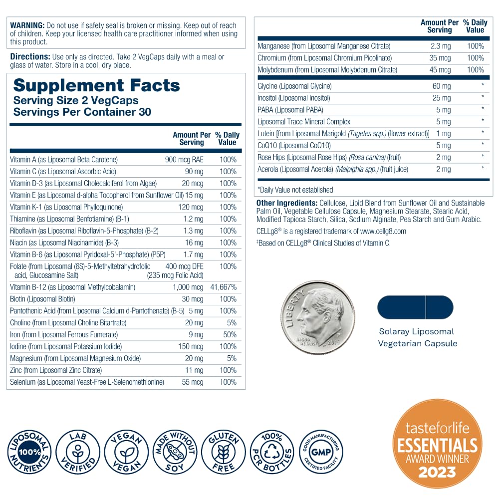 SOLARAY Liposomal Multivitamin side view showing label