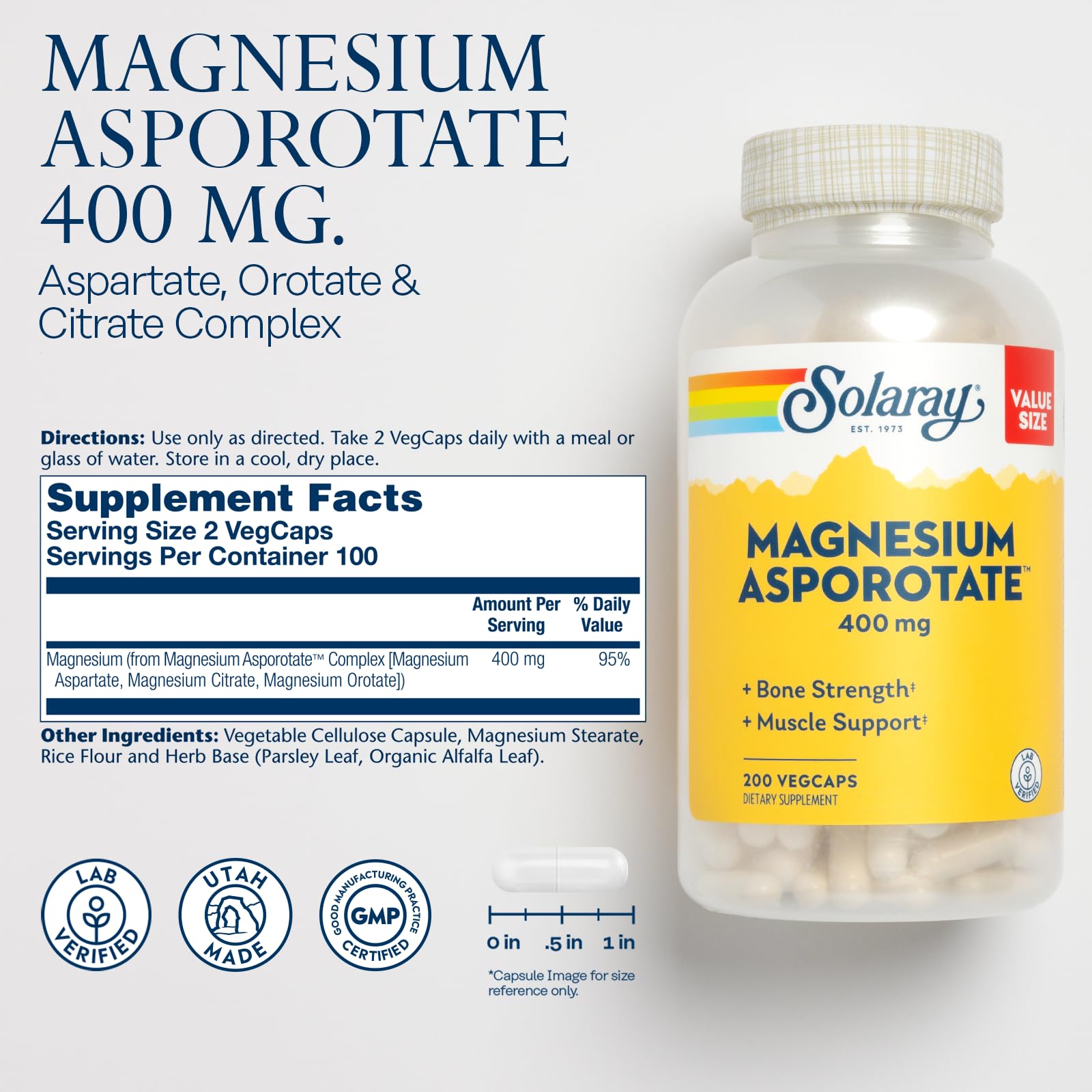 SOLARAY Magnesium Asporotate Complex 300mg capsules side view