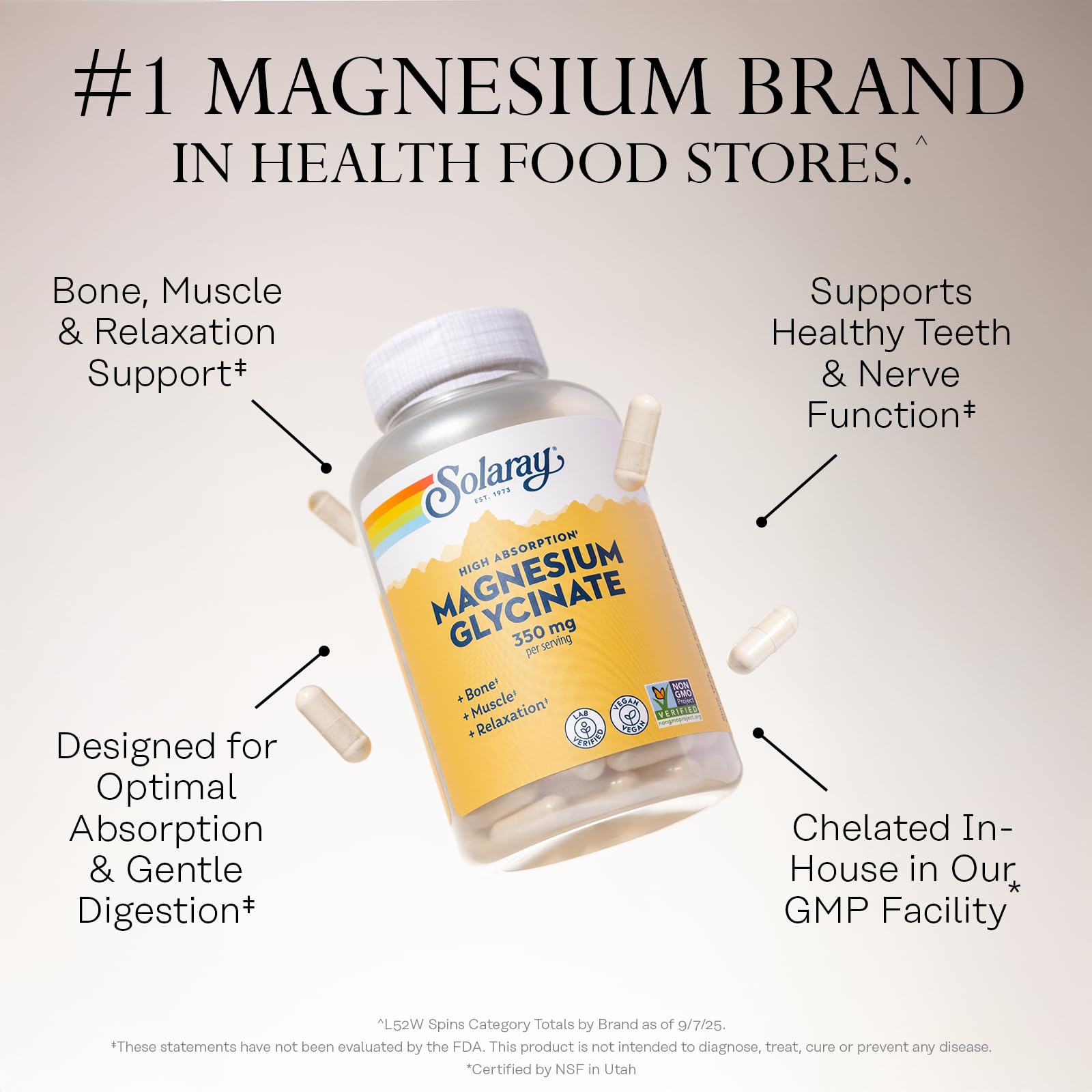 SOLARAY Magnesium Glycinate 170g back view with ingredients list