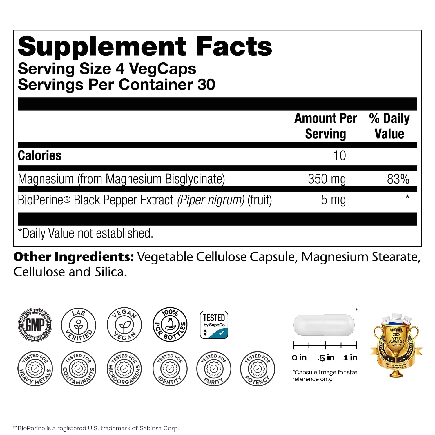 SOLARAY Magnesium Glycinate 350mg 120 Capsules side view