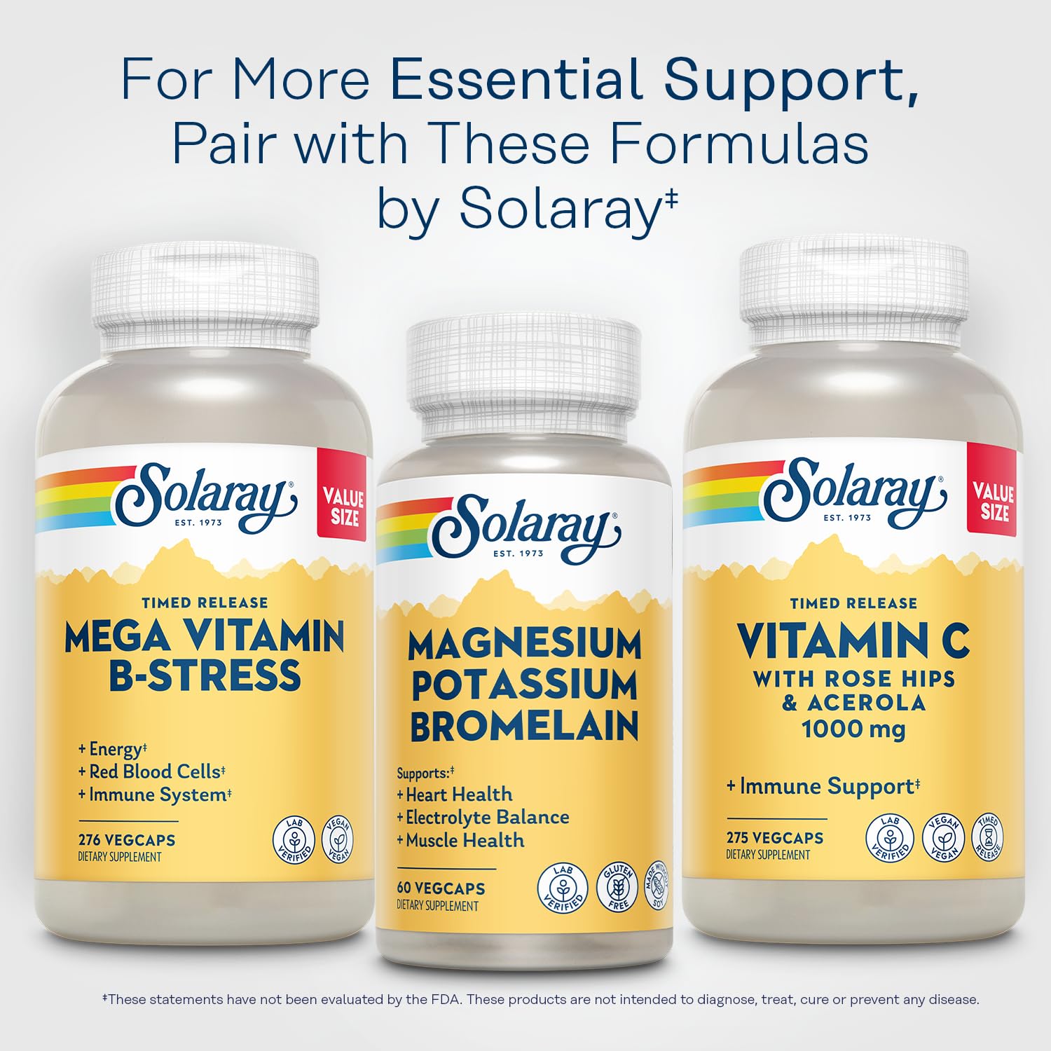SOLARAY Magnesium Potassium Bromelain 300mg on a wooden table