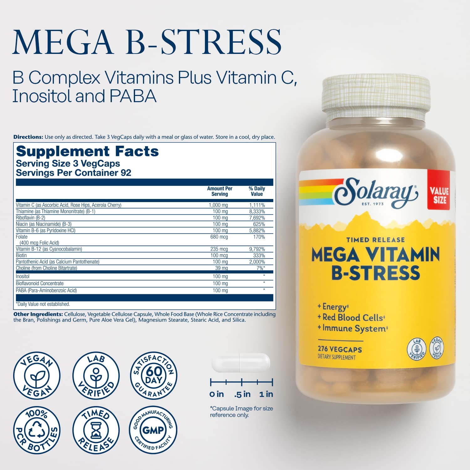 SOLARAY Mega Vitamin B-Stress B-Complex 340g side view