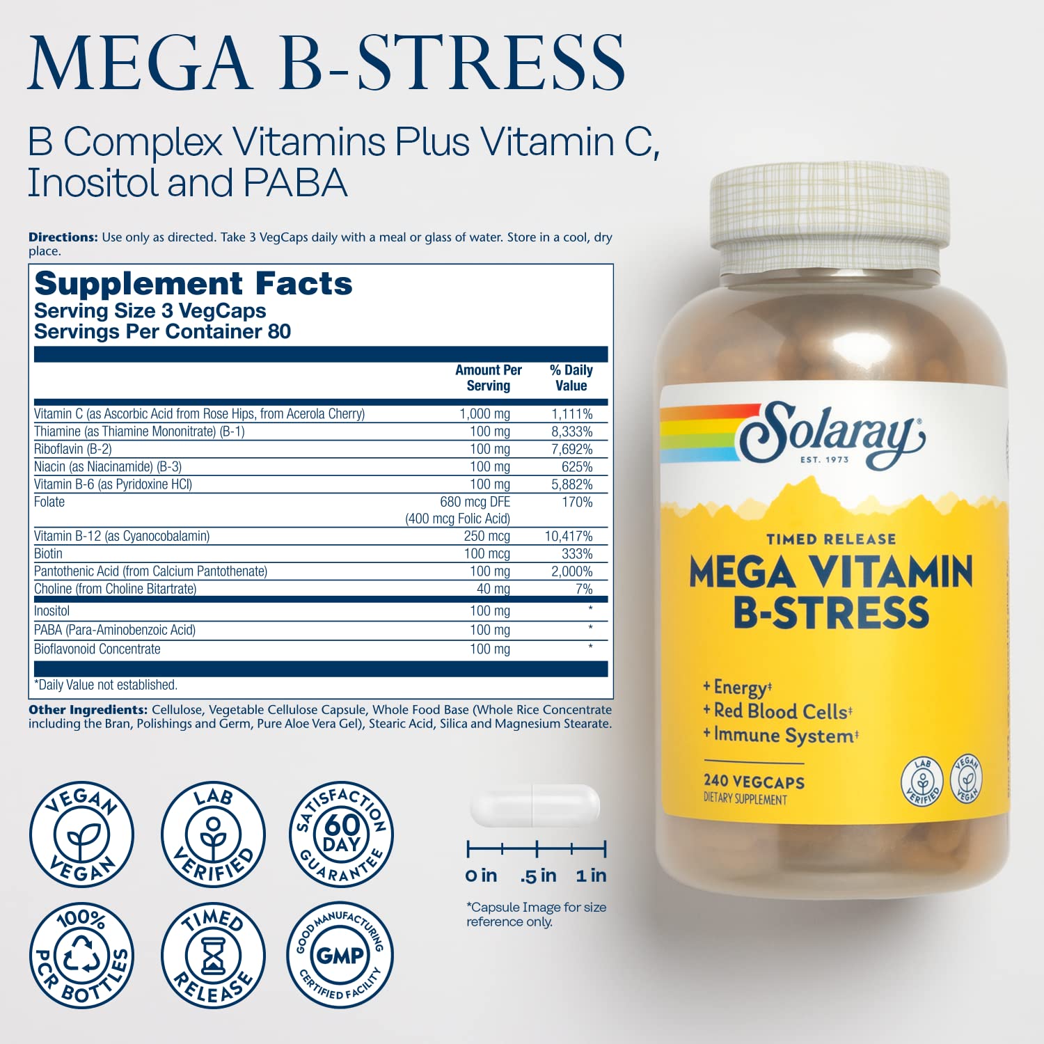 SOLARAY Mega Vitamin B-Stress bottle side view