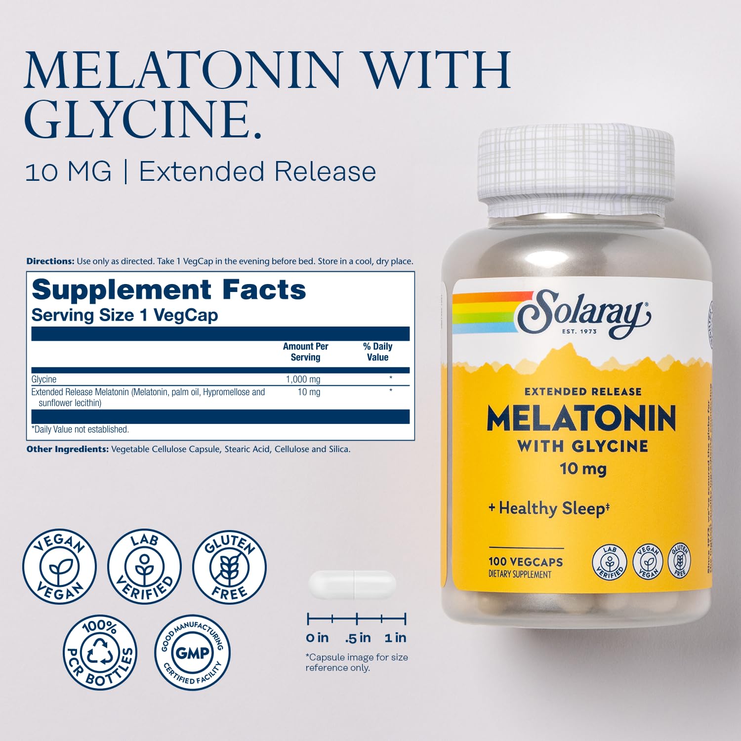 SOLARAY Melatonin Extended Release 10mg 100 Capsules side view