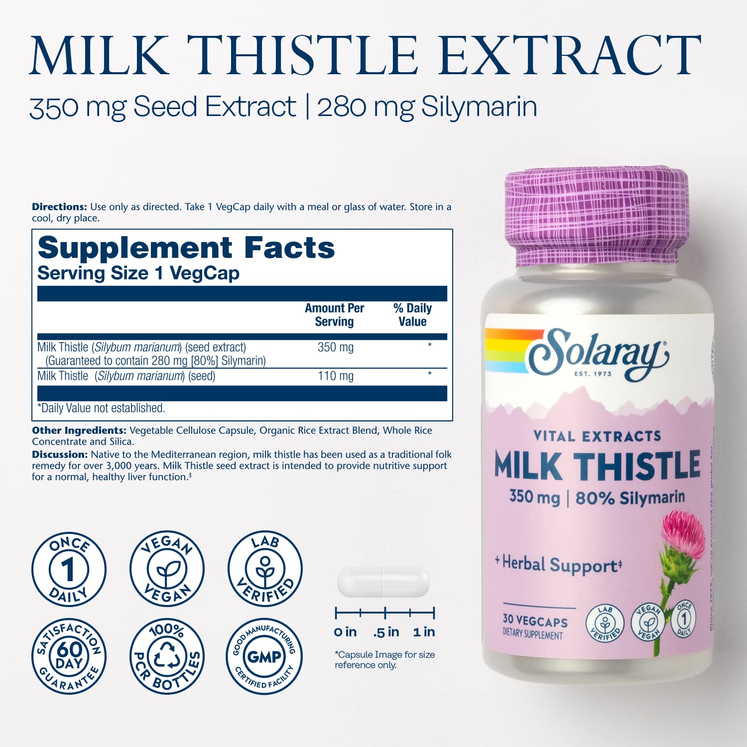 SOLARAY Milk Thistle 350mg supplement side view