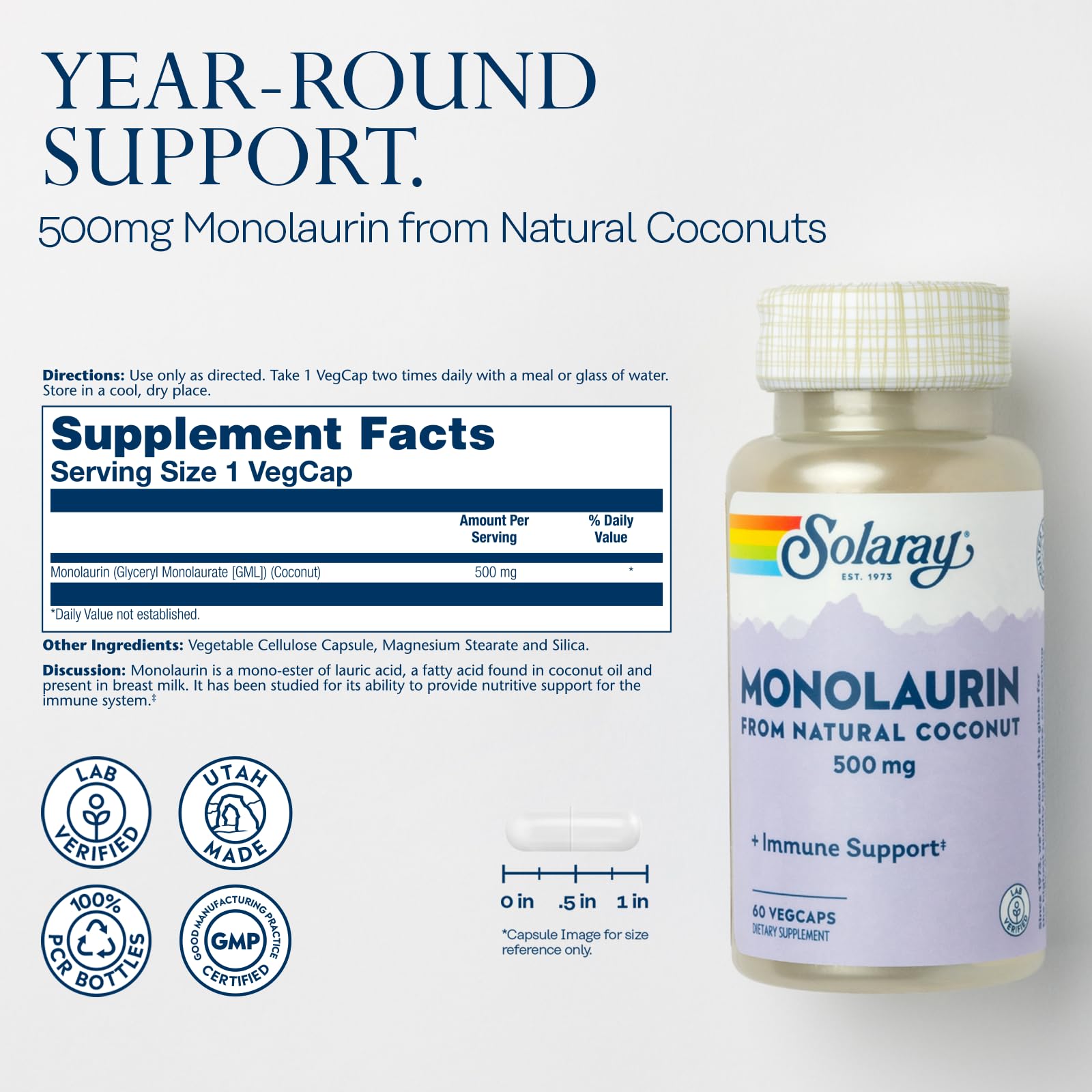 SOLARAY Monolaurin 500mg VegCaps back view with ingredient list