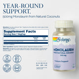 SOLARAY Monolaurin 500mg VegCaps back view with ingredient list