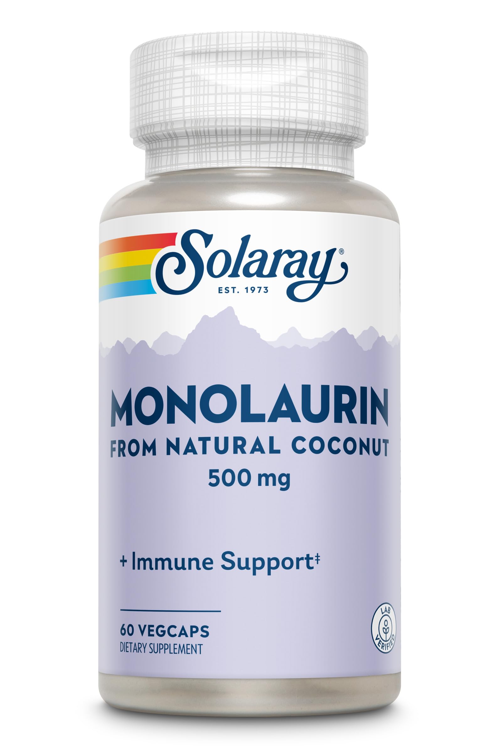 SOLARAY Monolaurin 500mg VegCaps bottle on a wooden table