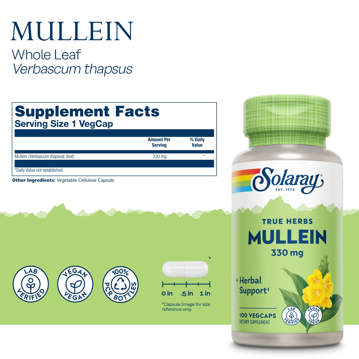 SOLARAY Mullein Leaf Capsules side view showing label and ingredients