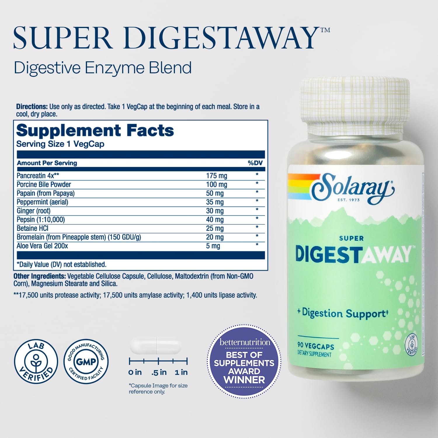 SOLARAY Multi-Enzymes 68g side view showing capsule