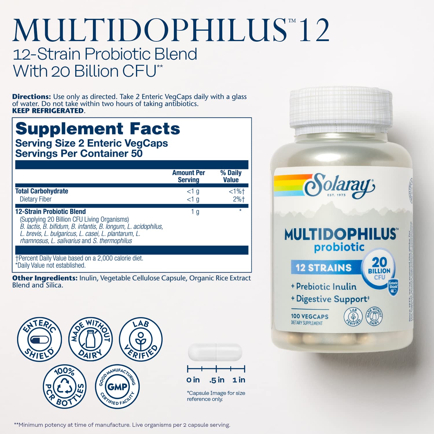 SOLARAY Multidophilus 12 Strain Probiotic side view with capsules