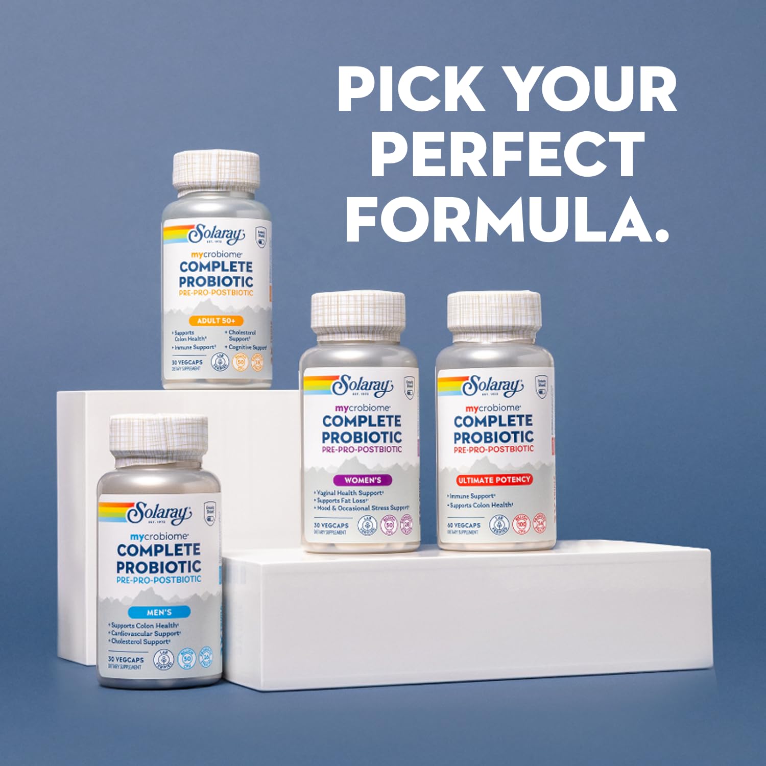 SOLARAY Mycrobiome Complete Probiotic on a wooden table
