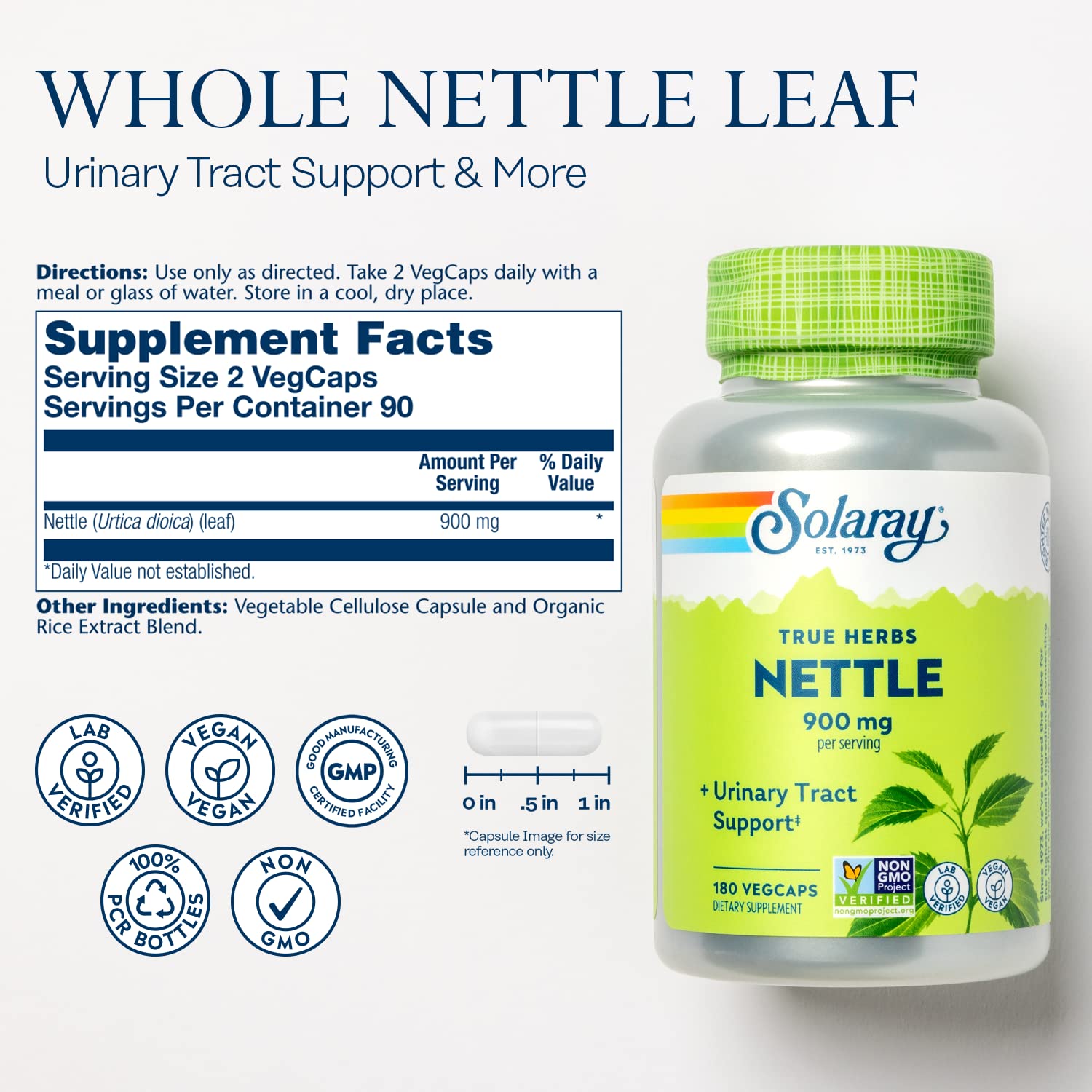 SOLARAY Nettle Leaf Capsules 900mg side view