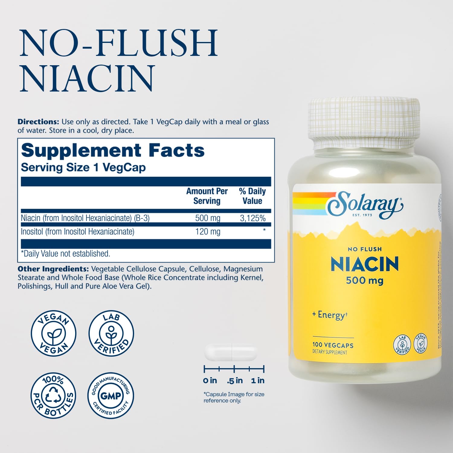 SOLARAY Niacin Supplement 500mg bottle side view