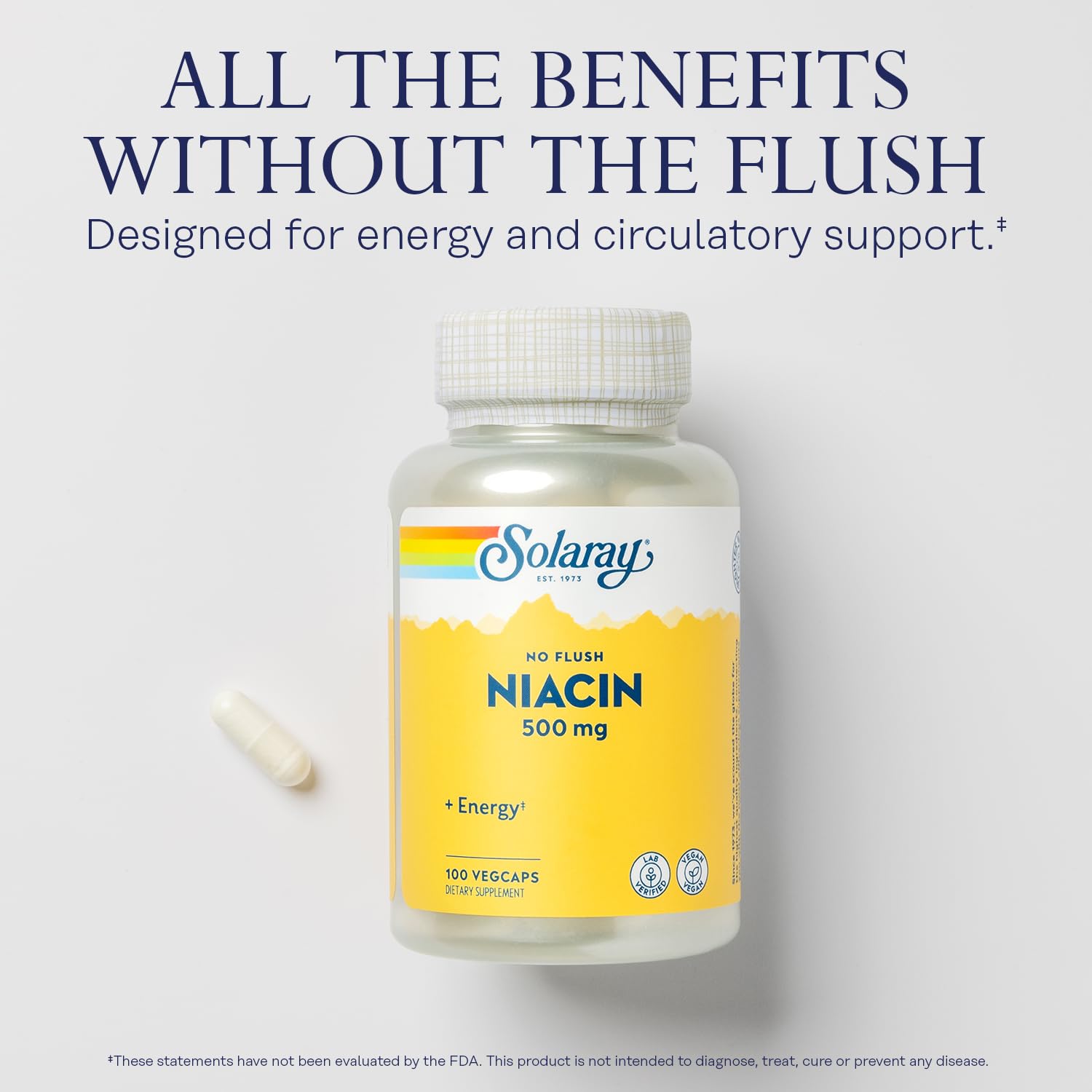 SOLARAY Niacin Supplement 500mg capsules on a wooden table