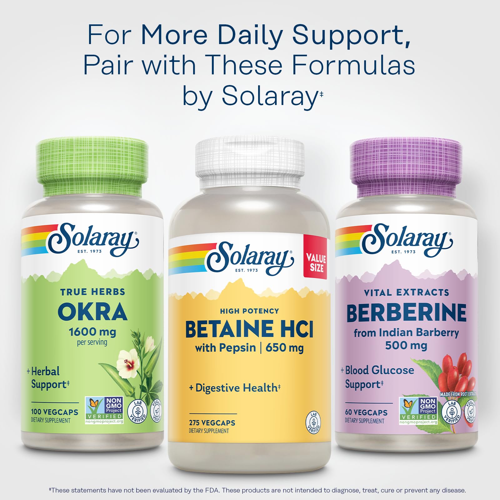 SOLARAY Okra Fruit Extract 1600mg supplement on a wooden table