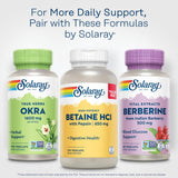 SOLARAY Okra Fruit Extract 1600mg supplement on a wooden table