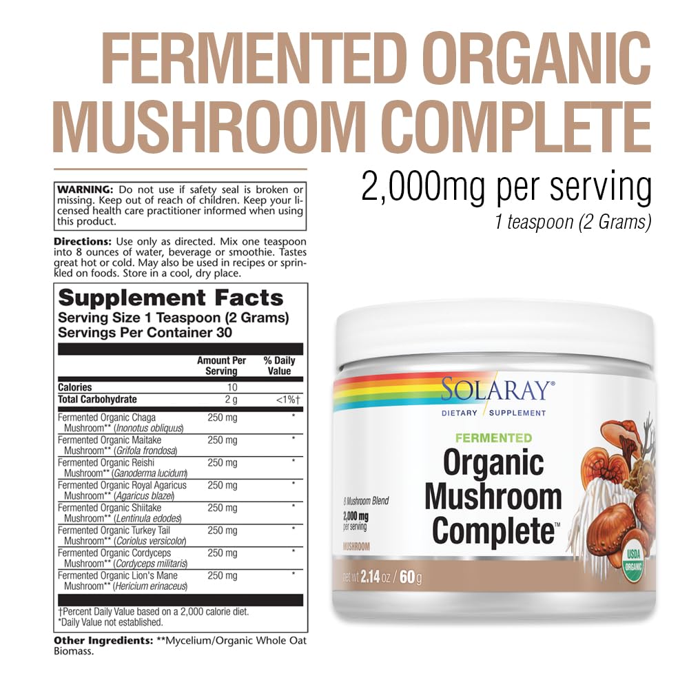 SOLARAY Organic Fermented Mushroom Complex packaging details