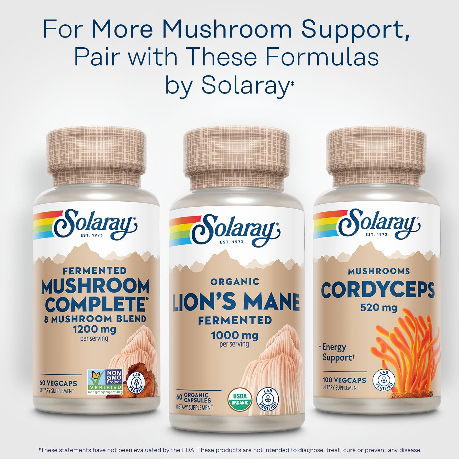 SOLARAY Organic Lion's Mane Mushroom Capsules 1000mg on a wooden table
