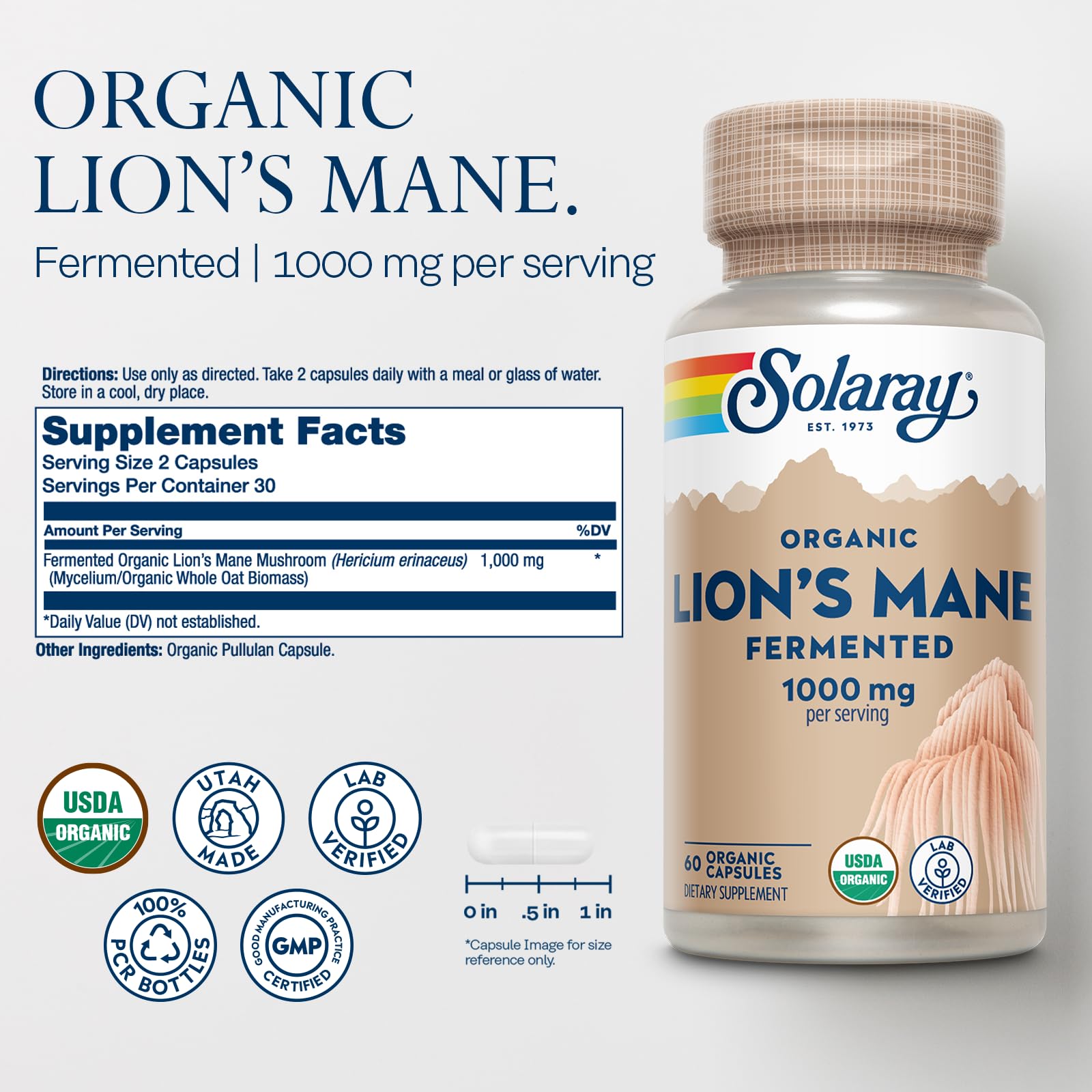SOLARAY Organic Lion's Mane Mushroom Capsules 1000mg side view
