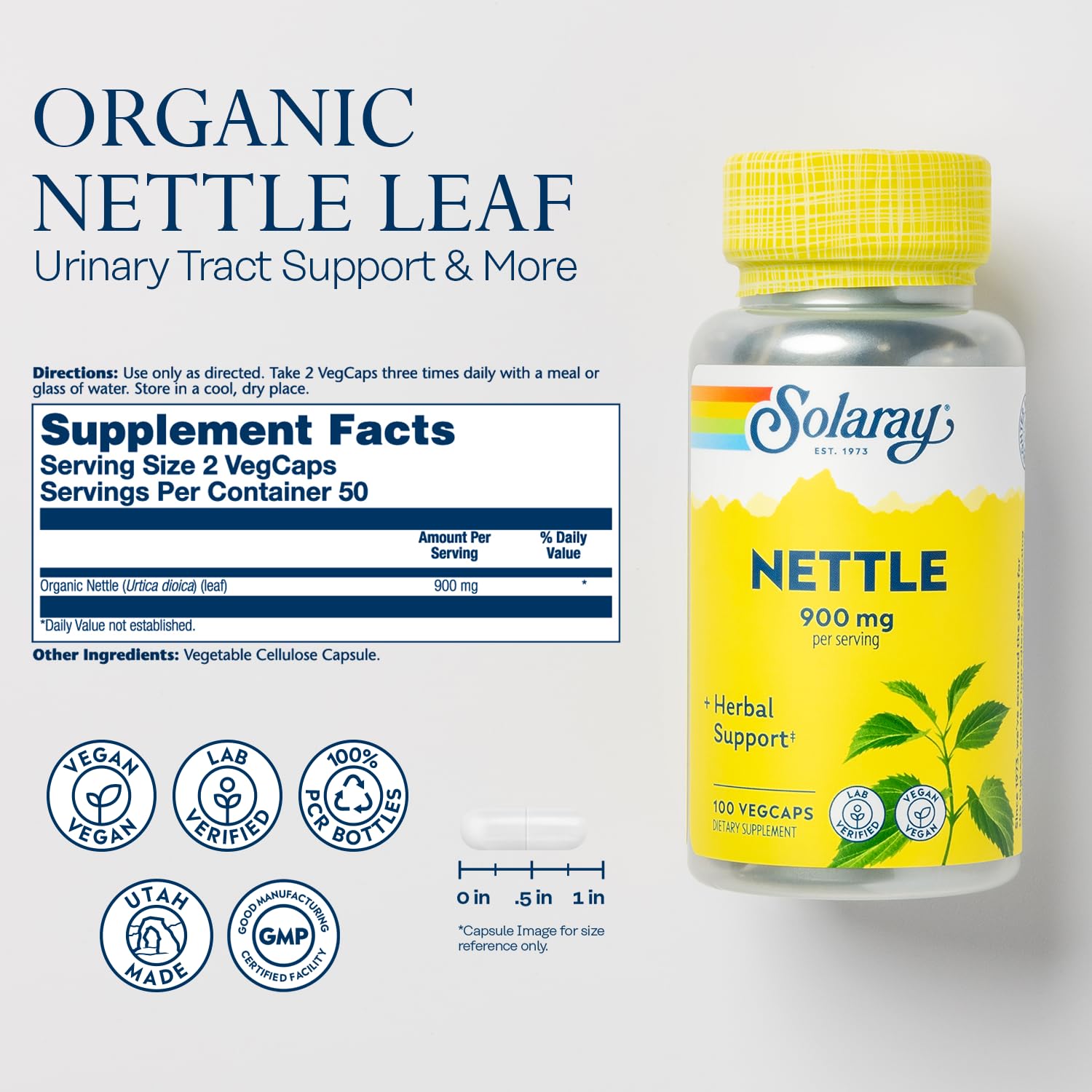 SOLARAY Organic Nettle Capsules side view showing capsule details