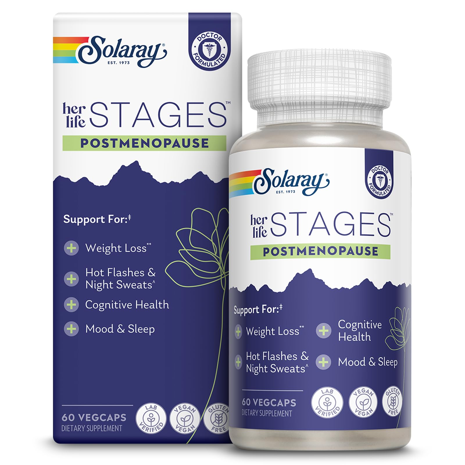 SOLARAY Post Menopause Support Capsules front view with saffron and orange extract