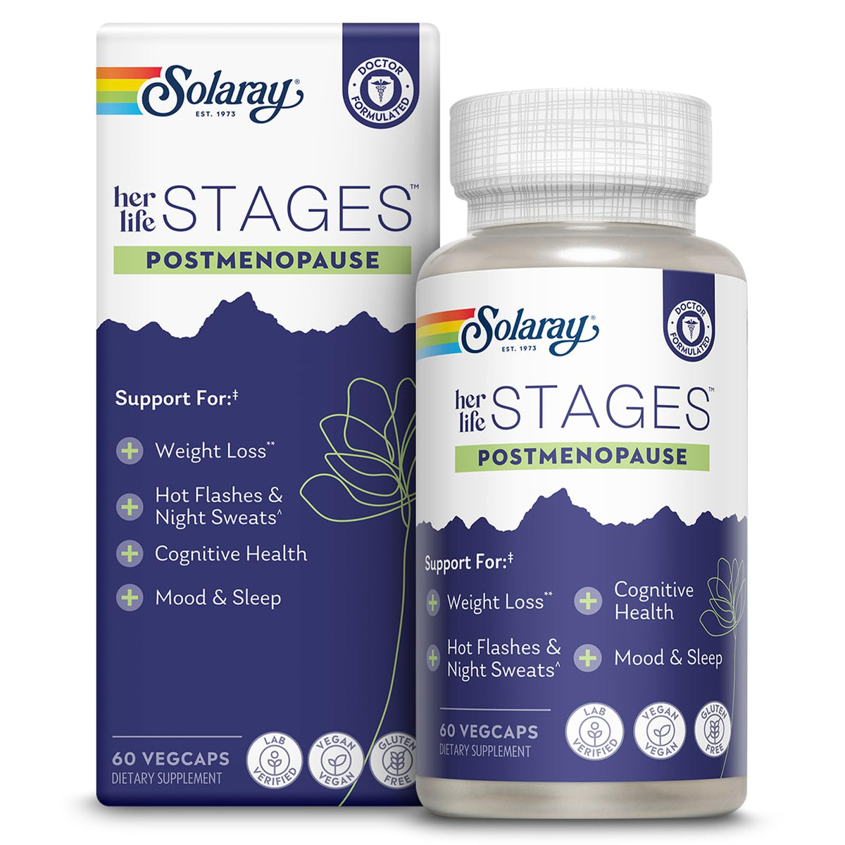 SOLARAY Post Menopause Support Capsules front view with saffron and orange extract