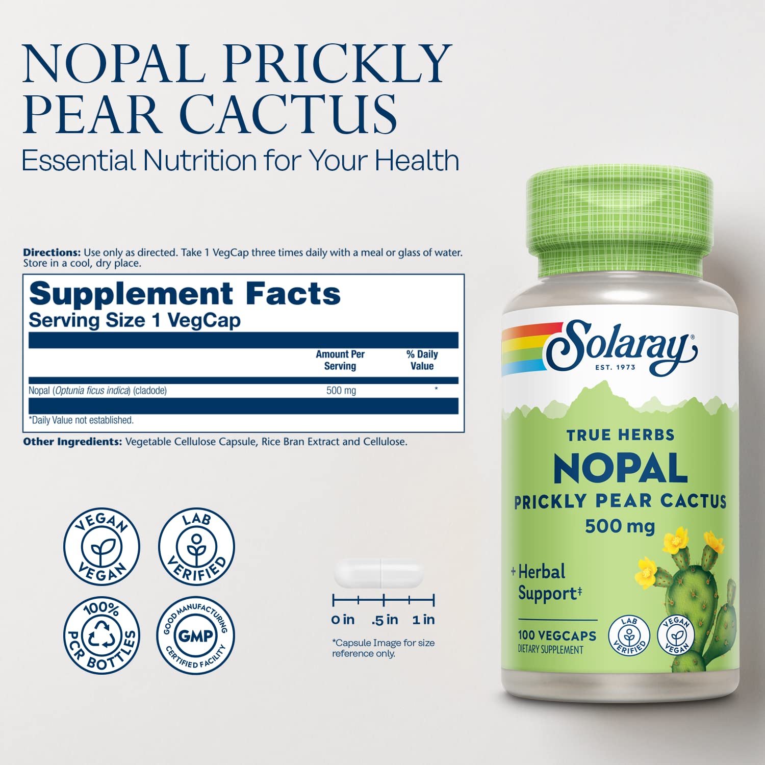 SOLARAY Prickly Pear Cactus Supplement 500mg side view