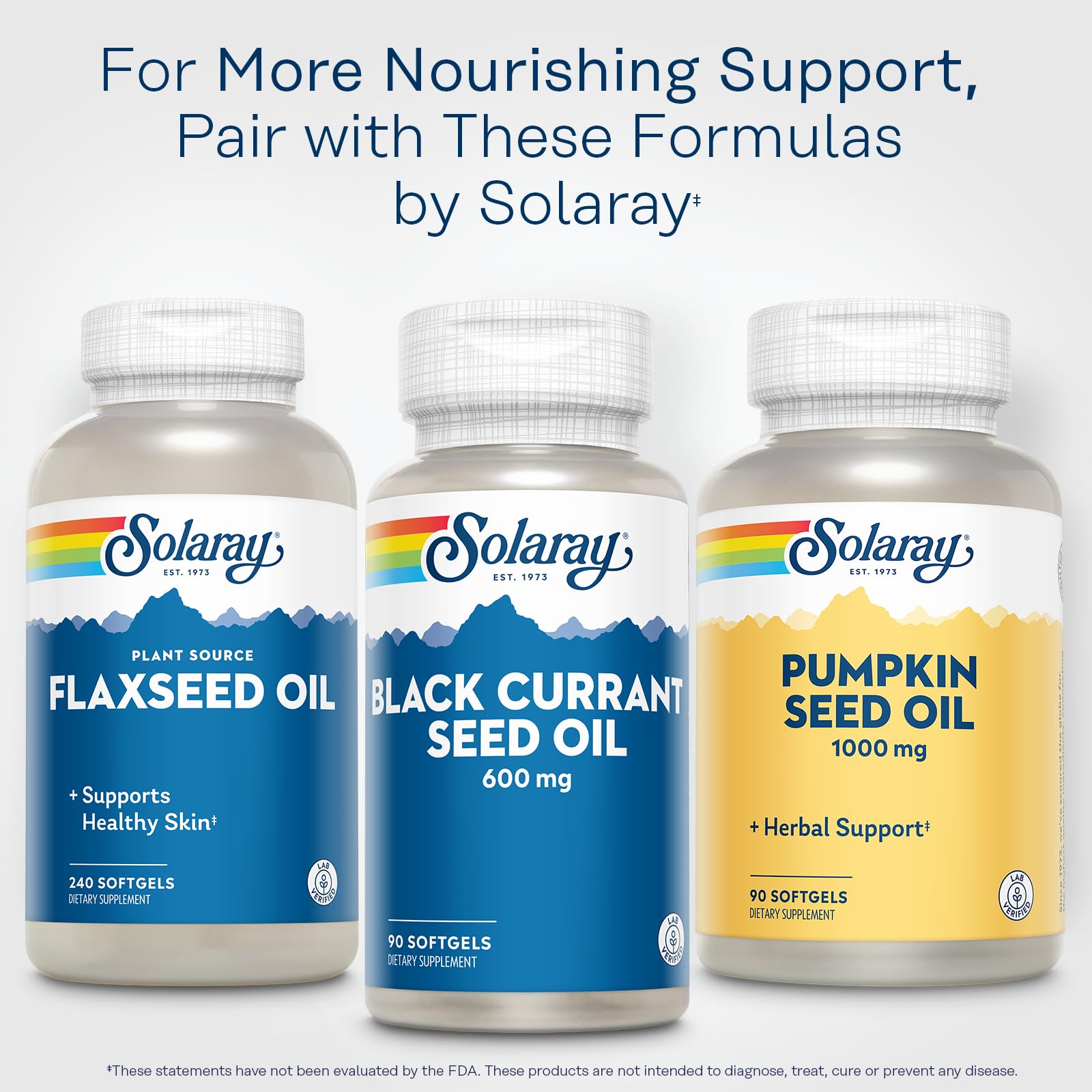 SOLARAY Pumpkin Seed Oil Softgels displayed on a wooden surface