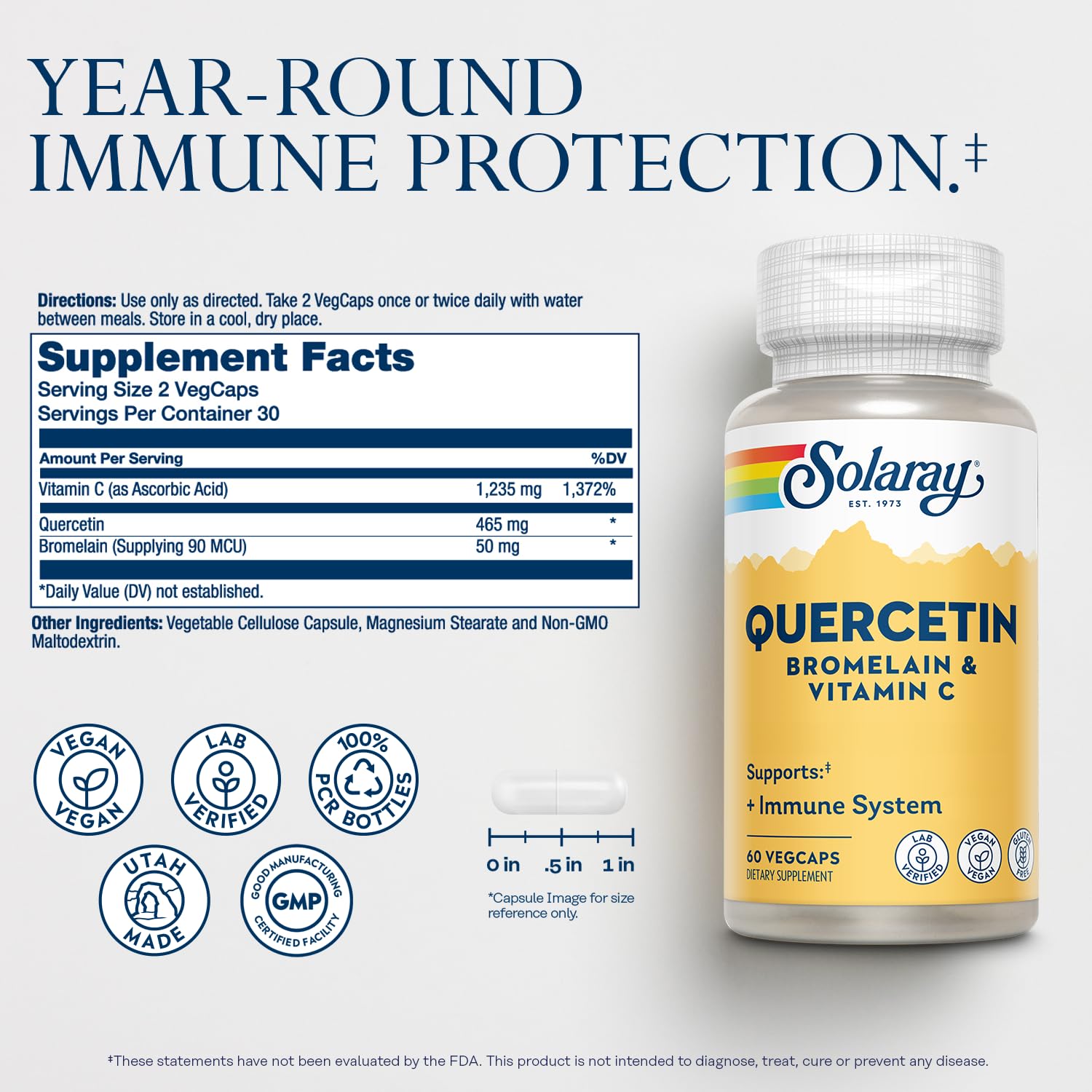 SOLARAY Quercetin Bromelain 500mg Capsules side view