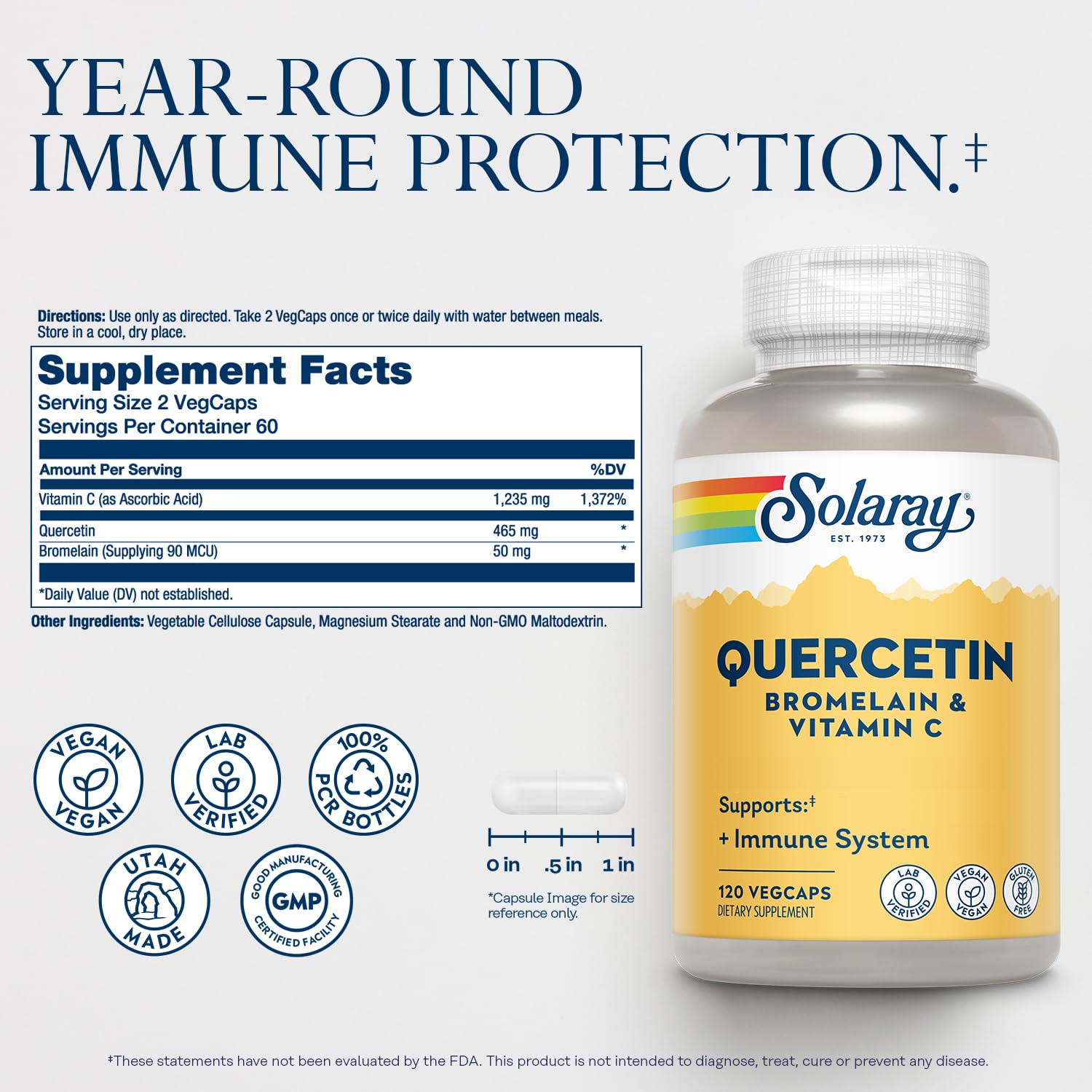 SOLARAY Quercetin Bromelain Vitamin C Supplement capsules close-up