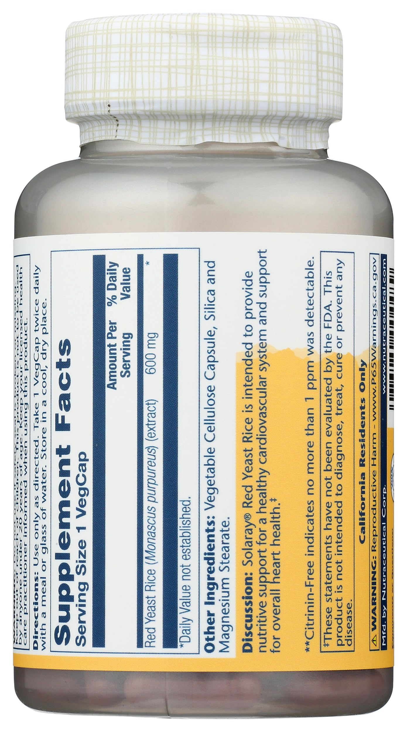 SOLARAY Red Yeast Rice supplement bottle side view