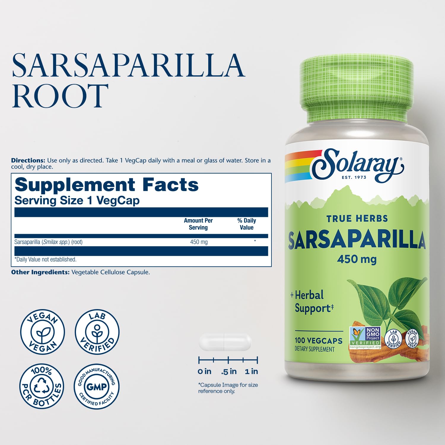 SOLARAY Sarsaparilla Root Capsules 500mg back view with ingredients