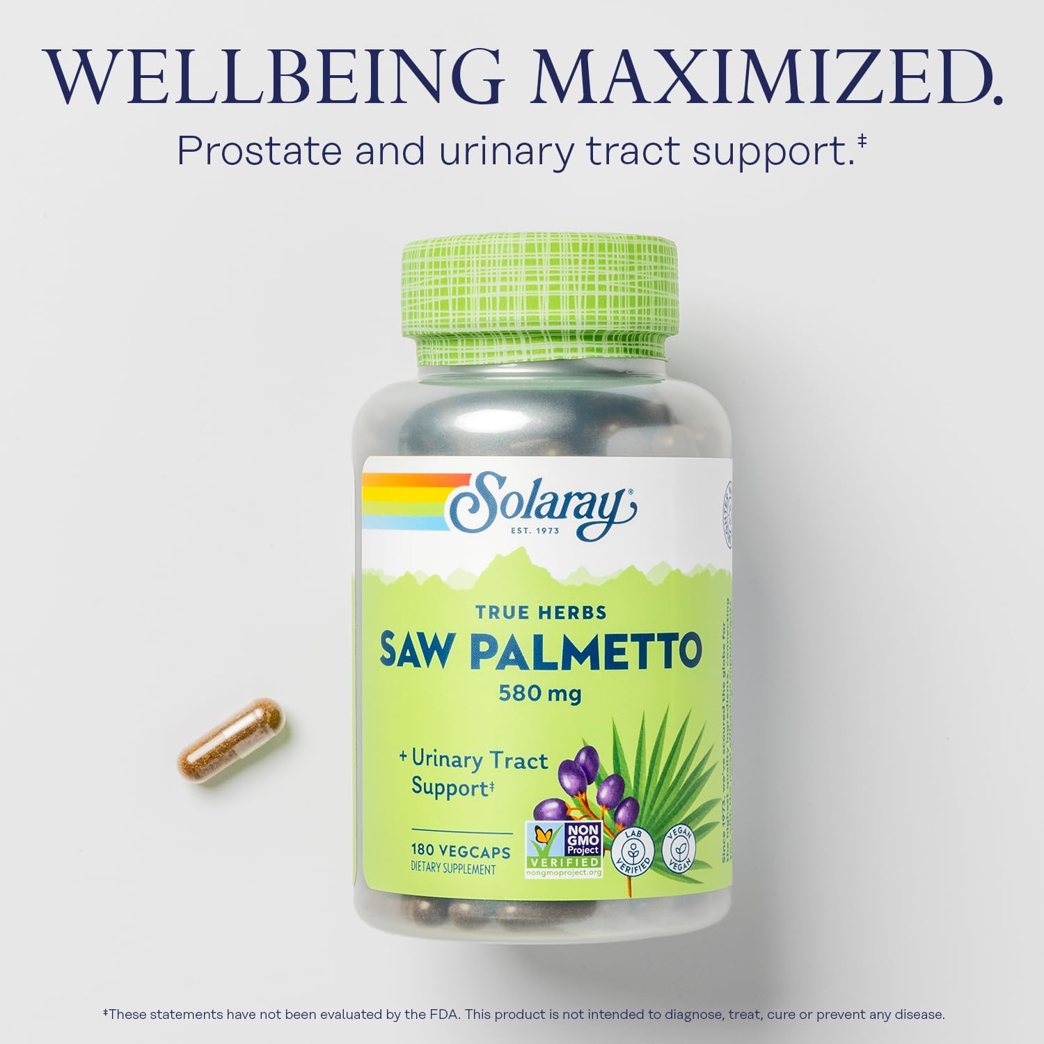 SOLARAY Saw Palmetto 580mg vegetarian capsules bottle with label