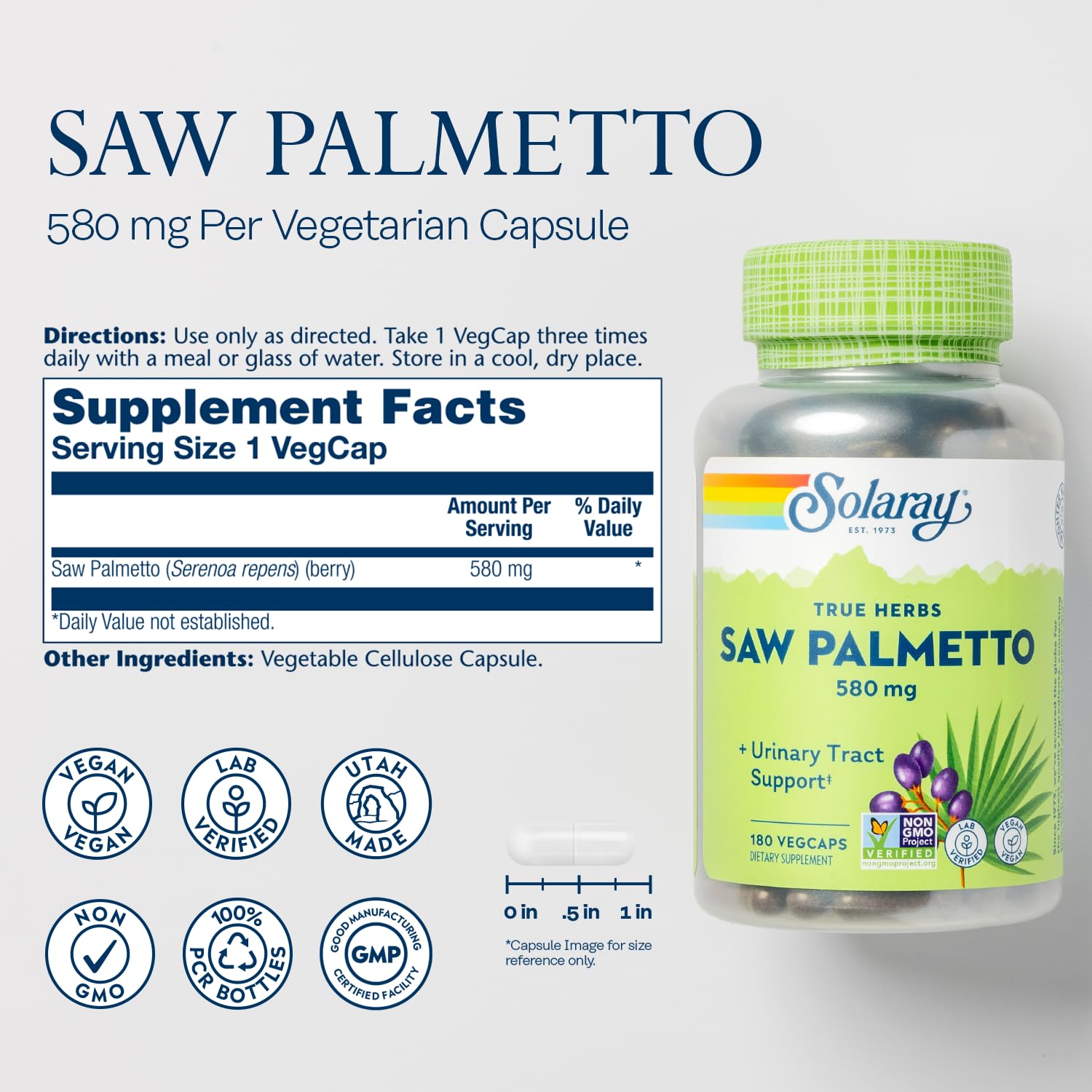 SOLARAY Saw Palmetto 580mg vegetarian capsules side view