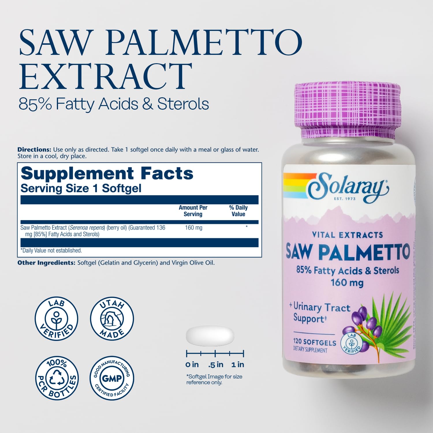 SOLARAY Saw Palmetto Extract side view showing packaging