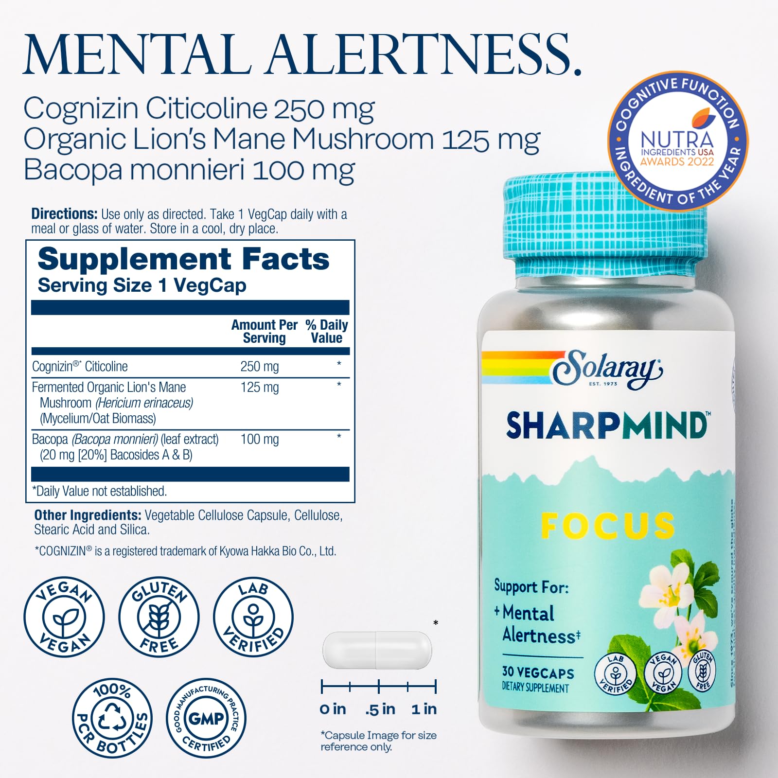 SOLARAY SharpMind Focus supplement side view showing capsule