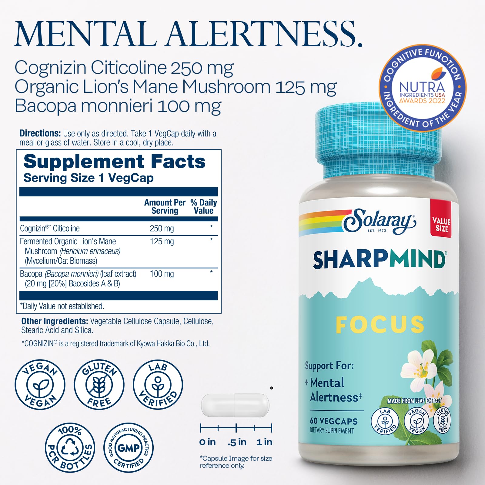 SOLARAY SharpMind Focus supplement side view showing capsules