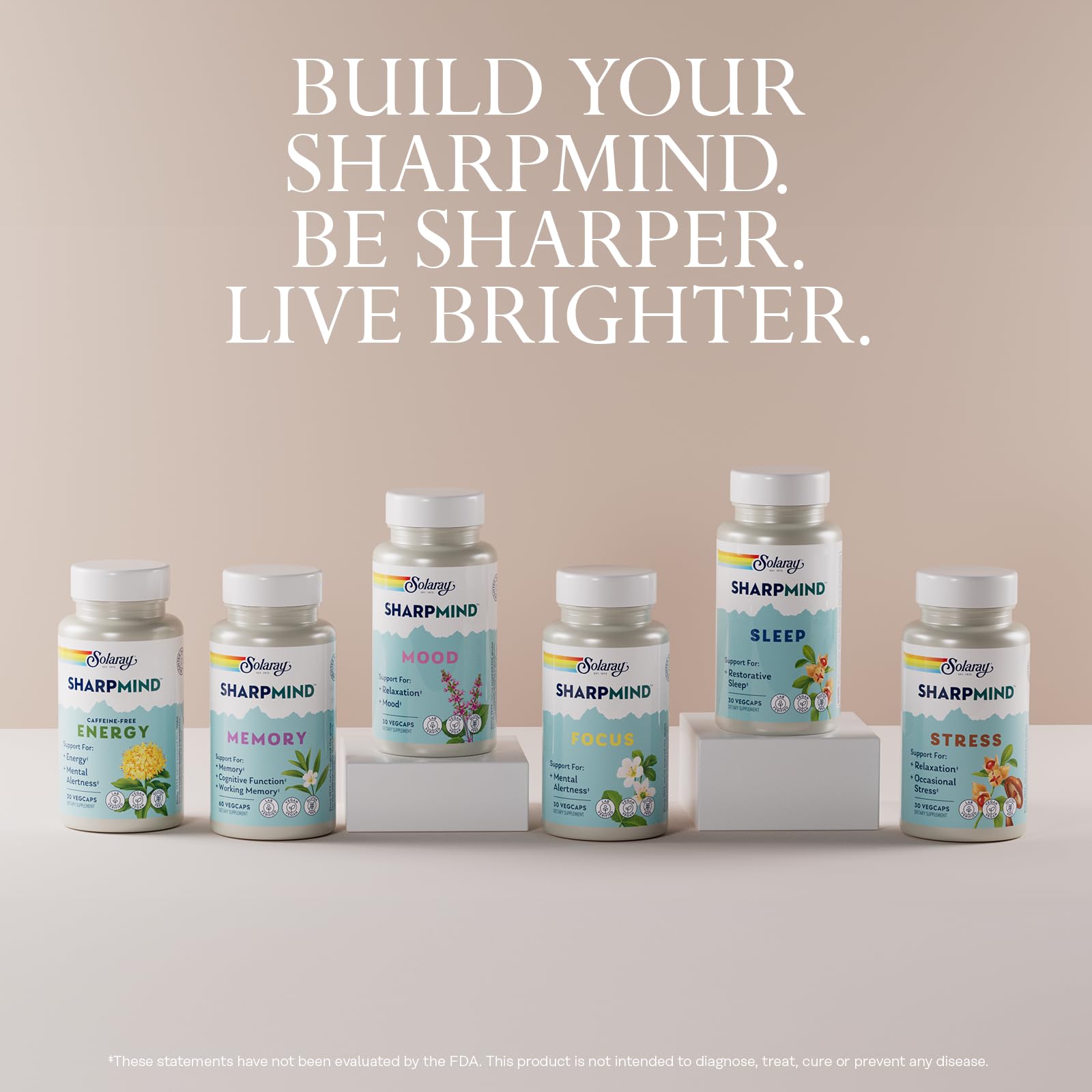 SOLARAY SharpMind Memory Supplement 600mg Cognivia on a wooden table