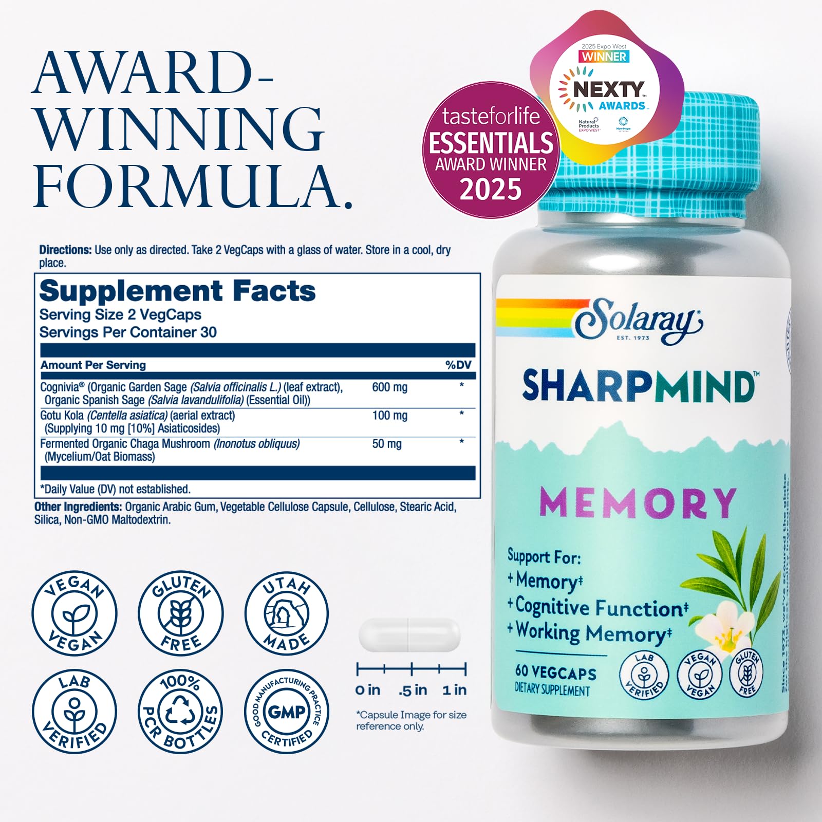 SOLARAY SharpMind Memory Supplement 600mg Cognivia side view