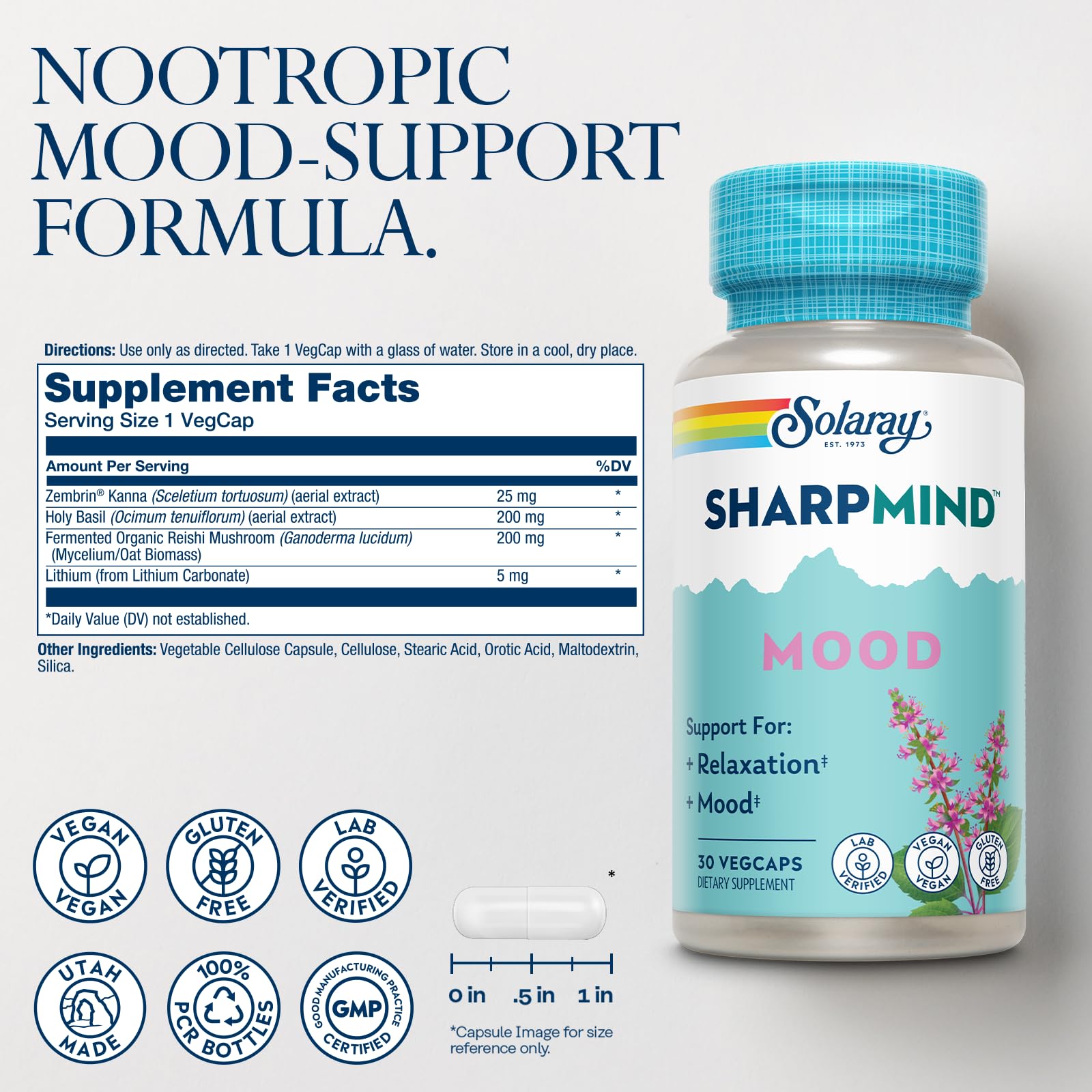 SOLARAY SharpMind Mood Supplement bottle side view