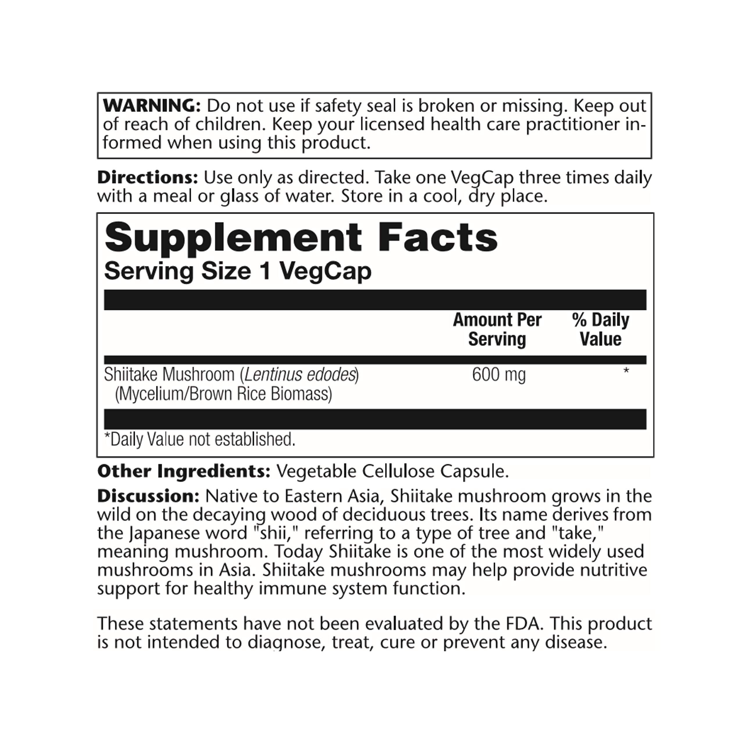 SOLARAY Shiitake Mushroom Mycelium Capsules packaging details