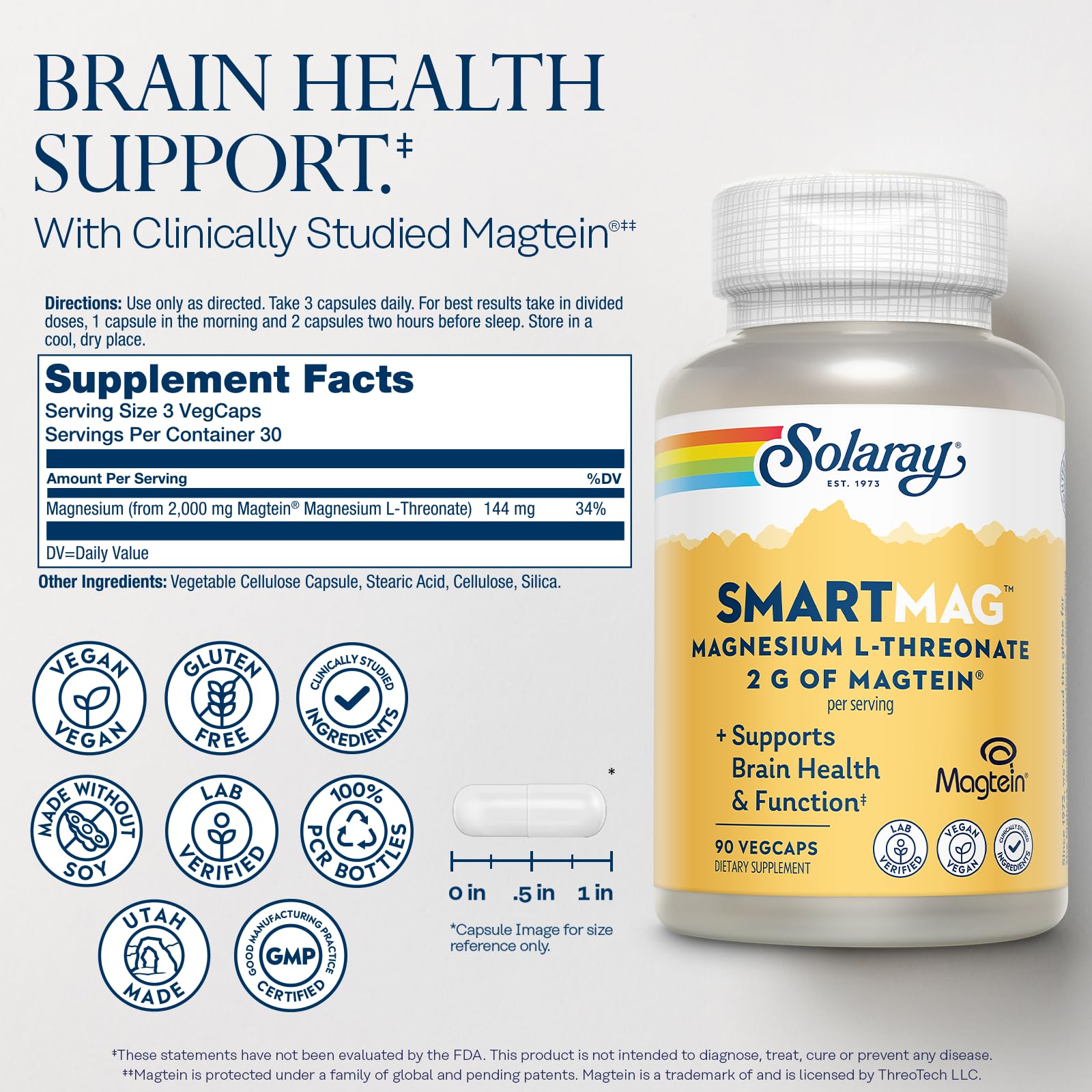 SOLARAY SmartMag Magnesium L-Threonate 90 VegCaps side view