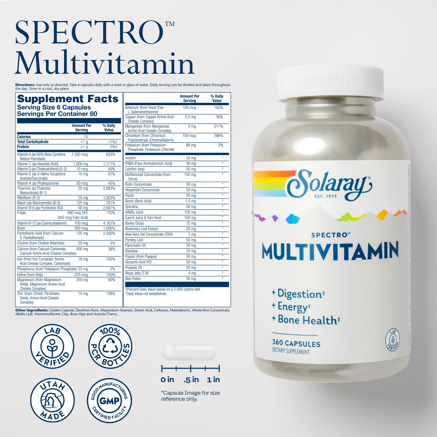 SOLARAY Spectro Multi Vitamins 100g side view showing ingredients list