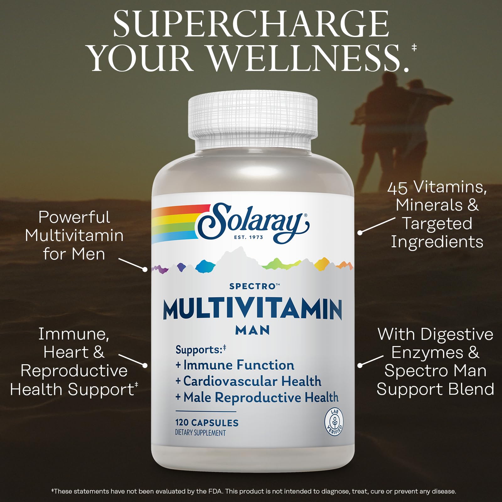 SOLARAY Spectro Multivitamin for Men capsules on a wooden table