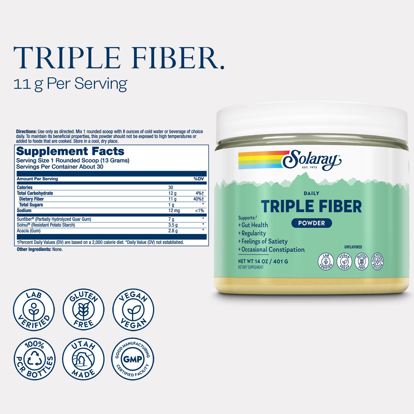 SOLARAY Triple Fiber Powder side view showing nutritional information