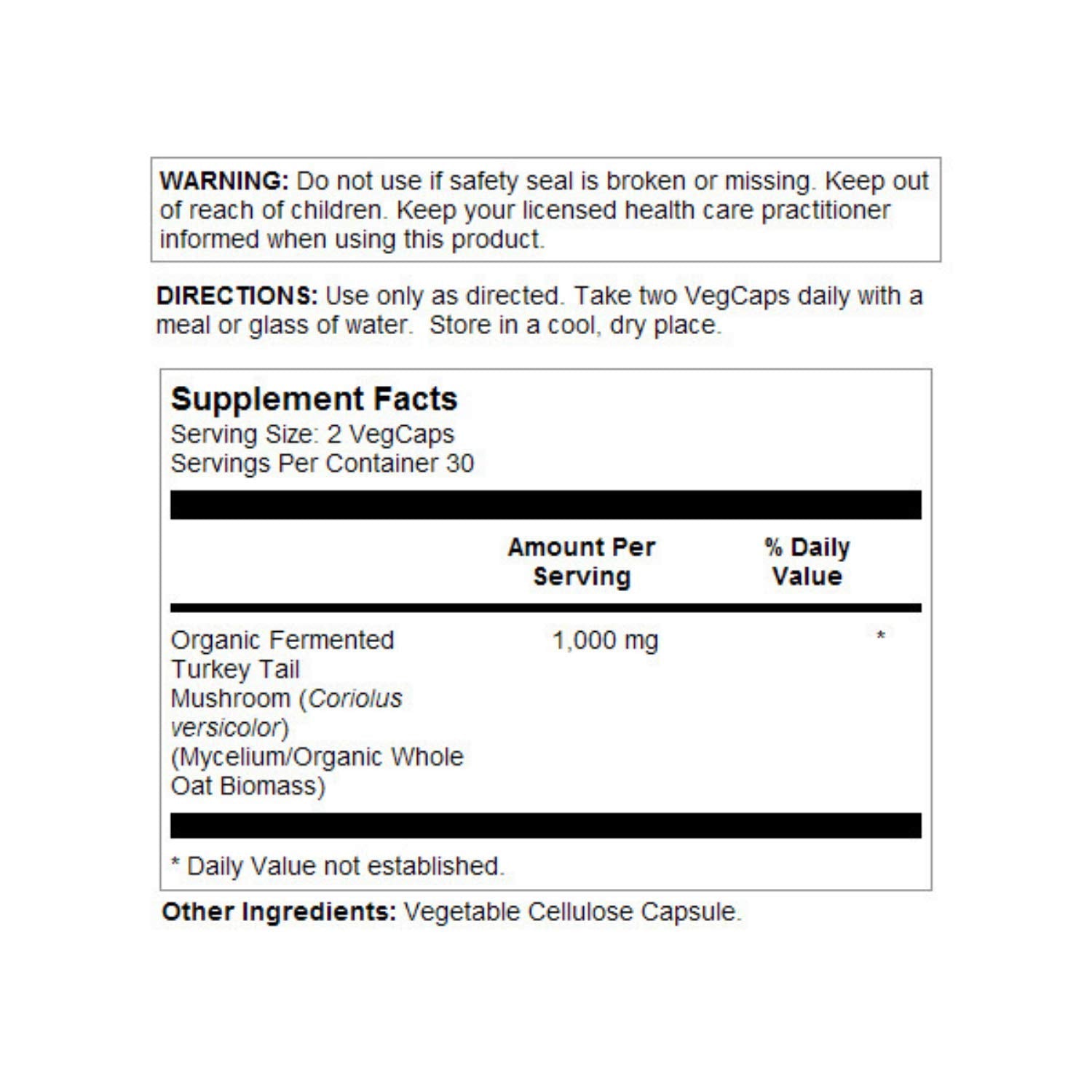 SOLARAY Turkey Tail Mushroom Capsules back view with ingredient list